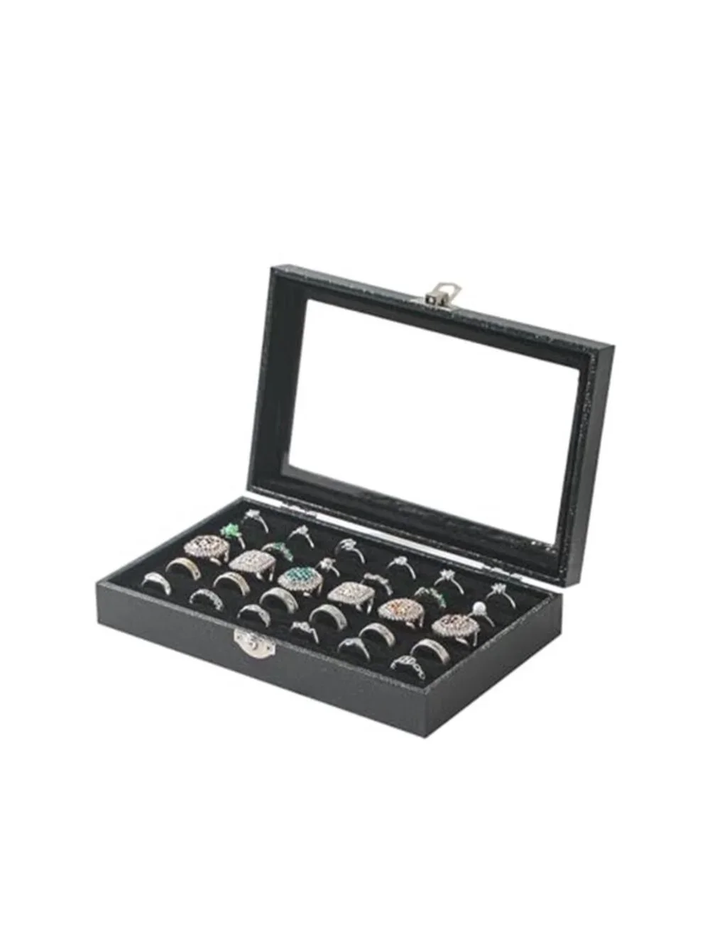 Velvet Ring Organizer Box Glass Lid Jewelry Display Tray Earring Storage Case